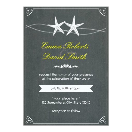 Classy Framed Starfish Chalkboard Wedding Invites 5" X 7" Invitation Card