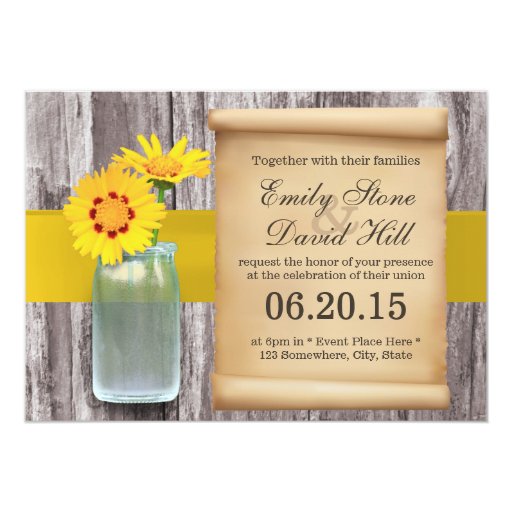 Rustic Yellow Daisy & Mason Jar Wedding 5x7 Paper Invitation Card