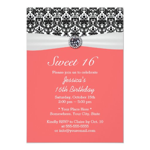 Modern Pink Ivory Ribbon & Damask Sweet 16 5x7 Paper Invitation Card
