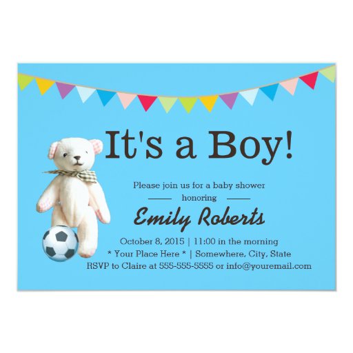 Cute Soccer Bear Boy Baby Shower Invitations 5" X 7" Invitation Card