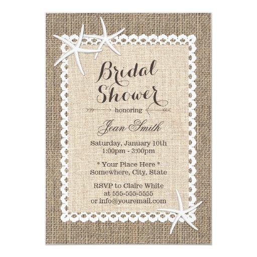 Rustic Starfish Burlap & Lace Bridal Shower 5x7 Paper Invitation Card