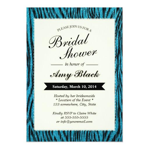Glitter Teal Zebra Stripes Bridal Shower Invites 5" X 7" Invitation Card