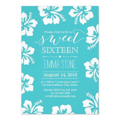 Classy Hibiscus Flower Turquoise Sweet 16 Birthday 5x7 Paper Invitation Card