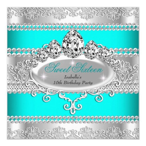Elegant Sweet 16 Birthday Princess Teal Blue Tiara 5.25x5.25 Square Paper Invitation ...