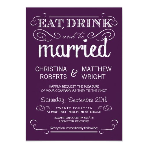 Rustic Typography Plum Purple Wedding Invitations 4.5" X 6.25" Invitation C...