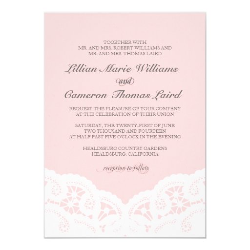 Elegant Blush Lace Wedding Invitation 5" X 7" Invitation Card