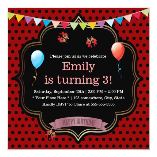 Cute Ladybugs Girls Birthday Party 5.25x5.25 Square Paper Invitation Card