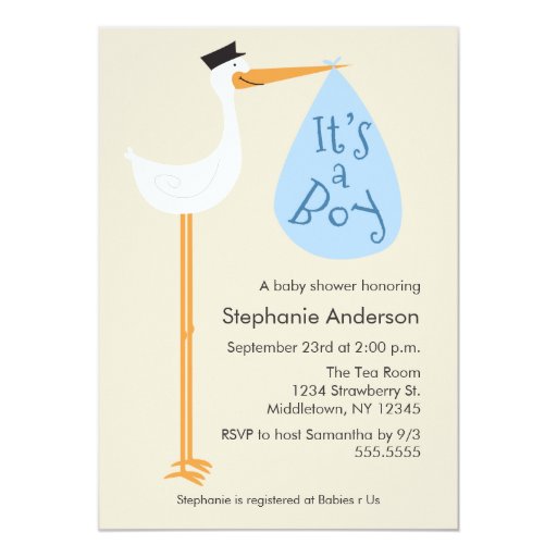 Modern Stork Baby Shower Invitation - Boy 5" X 7" Invitation Card