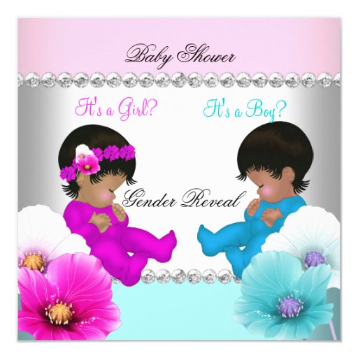 Gender Reveal Baby Shower Pink Teal Blue Flowers 5.25x5.25 Square Paper Invitation Ca...
