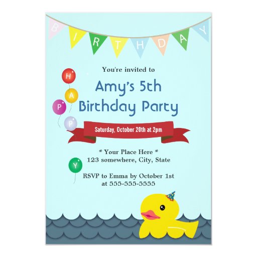 Cute Rubber Duck Baby Blue Birthday Invitations 5" X 7" Invitation Card