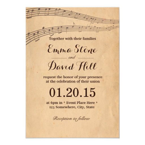 Vintage Old Music Notes Wedding Invitations 5" X 7" Invitation Card