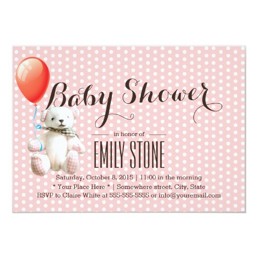 Cute Bear Sweet Dots Pink Baby Shower 5x7 Paper Invitation Card