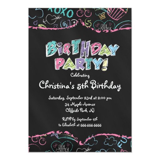 Cute  Chalkboard Girls Birthday Party Invitation 5" X 7" Invitation Card