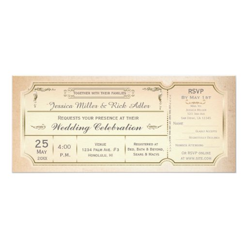 Vintage Elegant Wedding Ticket Invitation w/ RSVP 4" X 9.25" Invitation Car...