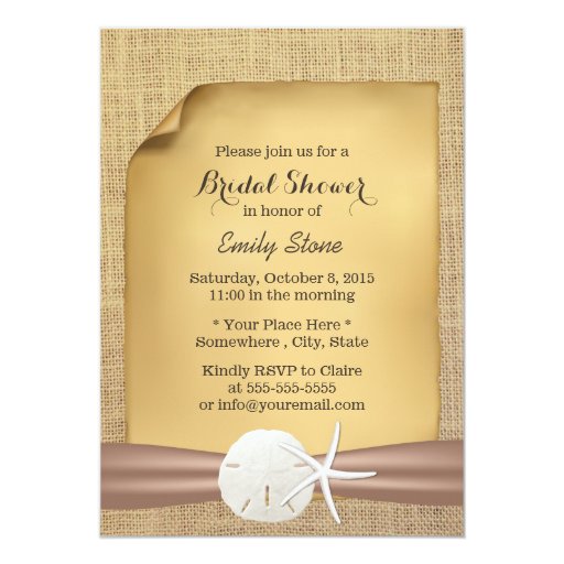 Rustic Sand Dollar & Starfish Burlap Bridal Shower 5x7 Paper Invitation Card