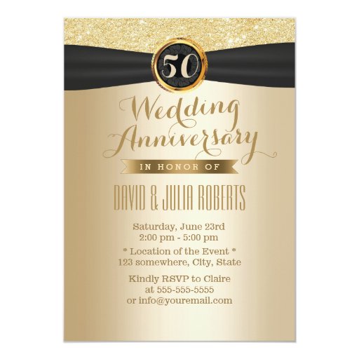 Classy Black Ribbon Gold 50th Wedding Anniversary 5x7 Paper Invitation Card