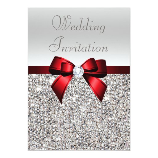Silver Sequins Royal Red Bow and Diamond Wedding 5x7 Paper Invitation Card