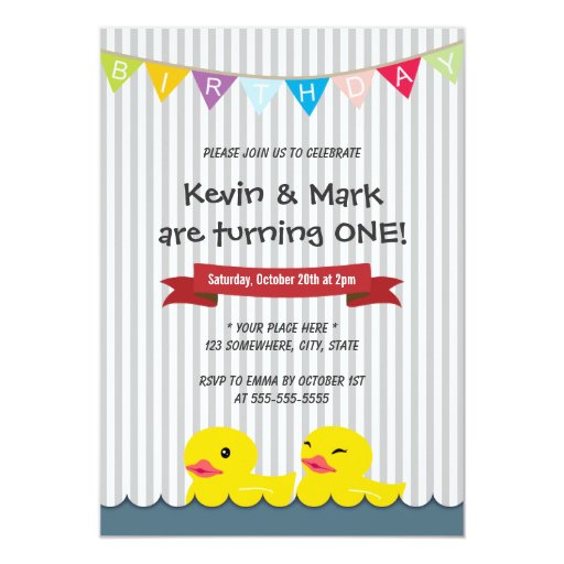 Cute Rubber Duck Twins Birthday Party Invitations 5" X 7" Invitation Card