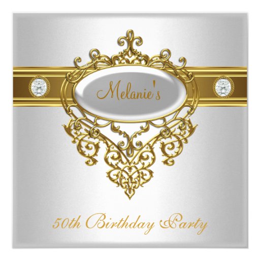 50th Birthday Elegant Lace White Gold Diamond 3 5.25x5.25 Square Paper Invitation Car...