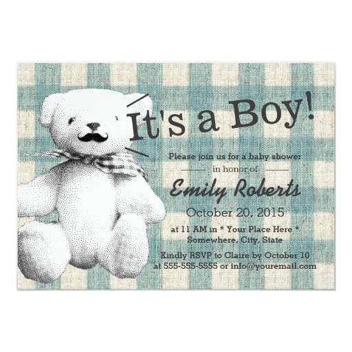 Cute Plaid Mustache Bear Baby Shower 5x7 Paper Invitation Card