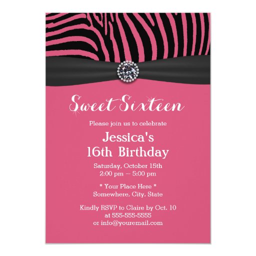 Modern Pink Zebra Stripes Black Ribbon Sweet 16 5x7 Paper Invitation Card