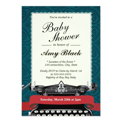 Teal Damask Typewriter Baby Shower Invitations 5" X 7" Invitation Card