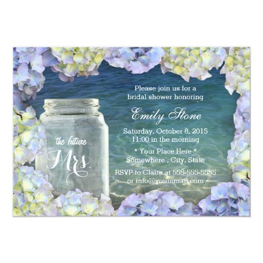 Blue Sea Beach Mason Jar & Hydrangea Bridal Shower 5x7 Paper Invitation Card