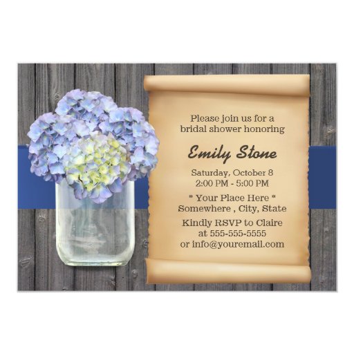 Blue Hydrangea & Mason Jar Barn Wood Bridal Shower 5x7 Paper Invitation Card