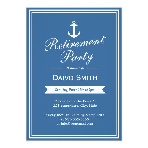 Nautical Navy Blue Retirement Party Invitations 5" X 7" Invitation Card