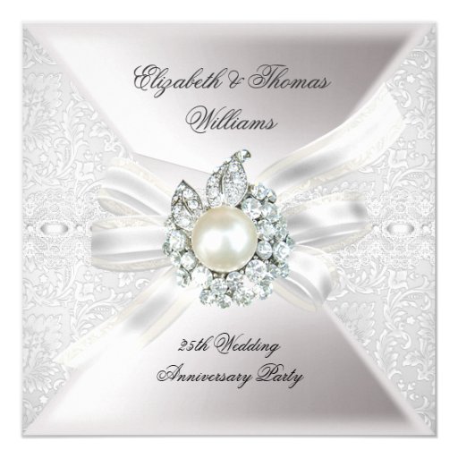 25th Wedding Anniversary Party Lace Pearl White 5.25x5.25 Square Paper Invitation Car...