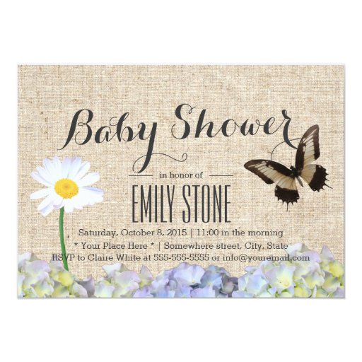 Butterfly & Spring Flowers Burlap Baby Shower 5x7 Paper Invitation Card
