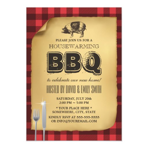 Vintage Gingham Pig Roast Housewarming BBQ 5x7 Paper Invitation Card