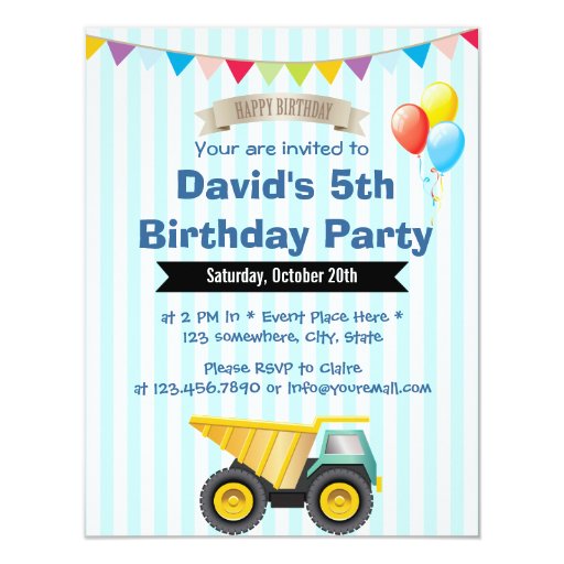 Baby Blue Stripes Boy Construction Birthday Party 4.25x5.5 Paper Invitation Card