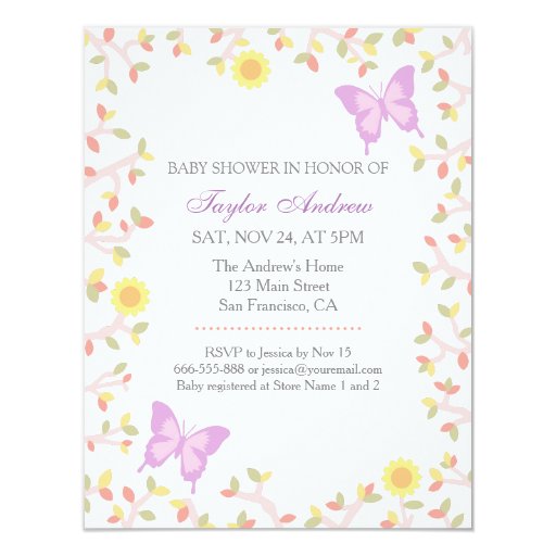 Elegant Pastel Spring Leaves Butterfly Baby Shower 4.25x5.5 Paper Invitation Card