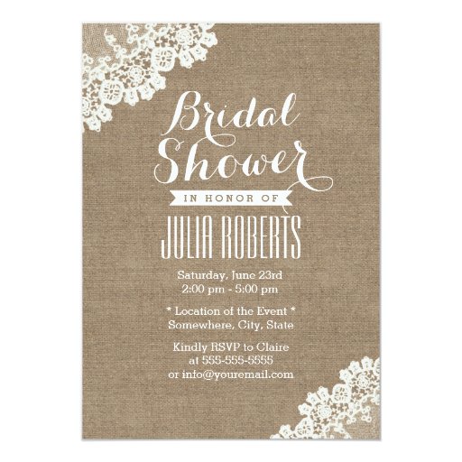Vintage Lace Corner Burlap Bridal Shower 5x7 Paper Invitation Card