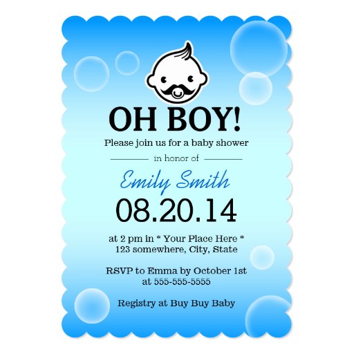 Cute Bubbles Mustache Boy Baby Shower Invitations 5" X 7" Invitation Card