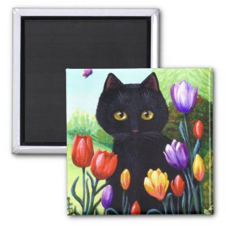 Tulips Cute Black Cat Butterfly Creationarts 2 Inch Square Magnet