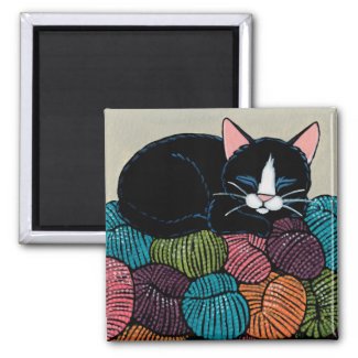 Sleeping Cat on Mountain of Yarn Illustration 2 Inch Square Magnet