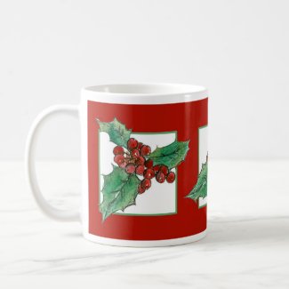 Christmas Holly Botanical Plant Drawing Red Coffee Mug