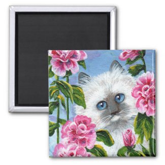Funny Ragdoll Siamese Cat Roses Creationarts 2 Inch Square Magnet