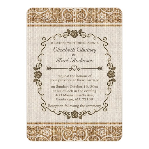 Rustic Burlap Lace Wedding 5x7 Paper Invitation Card (front side)
