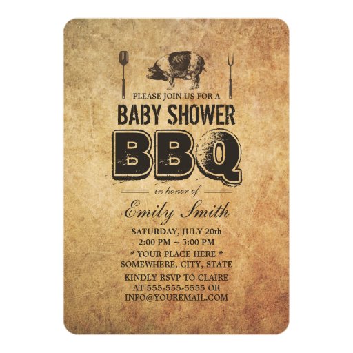 Vintage Grunge Pig Roast Baby Shower BBQ 5x7 Paper Invitation Card (front side)