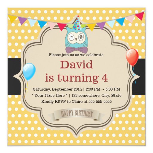 Cute Owl Gold Polka Dots Birthday Party 5.25x5.25 Square Paper Invitation Card (front side)