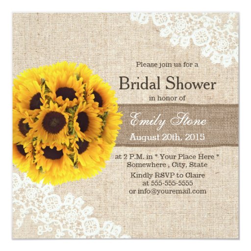 Rustic Sunflower Balls Burlap Ribbon Bridal Shower 5.25x5.25 Square Paper Invitation ...