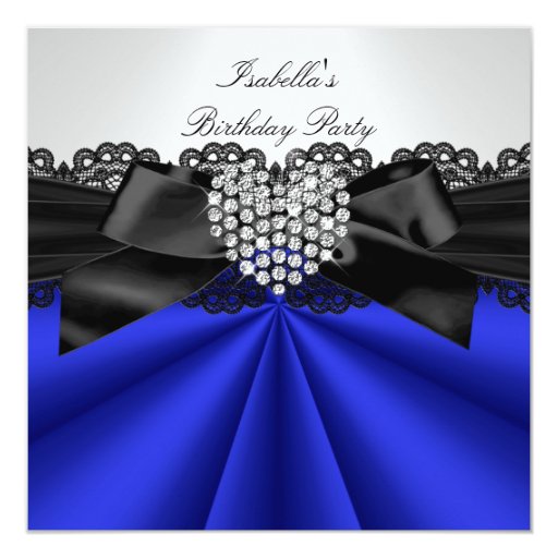 Elegant Blue Black White Diamond Birthday Party 5.25x5.25 Square Paper Invitation Car...