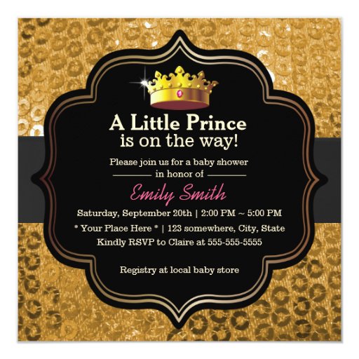 Luxury Gold Crown Little Prince Baby Shower 5.25x5.25 Square Paper Invitation Card (front side)