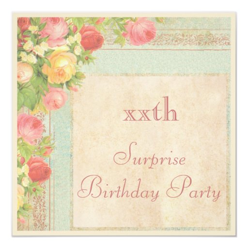 Elegant Vintage Roses Surprise Birthday Party 5.25x5.25 Square Paper Invitation Card (front side)