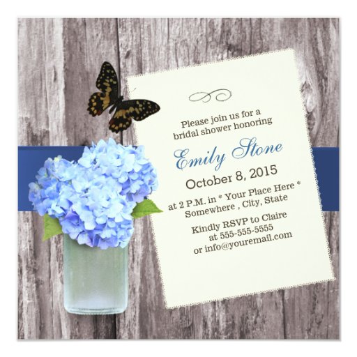 Elegant Blue Hydrangea & Mason Jar Bridal Shower 5.25x5.25 Square Paper Invitatio...