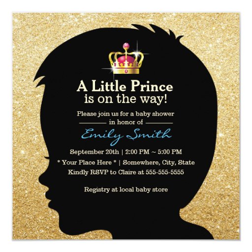 Little Boy Silhouette Gold Glitter Baby Shower 5.25x5.25 Square Paper Invitation Card