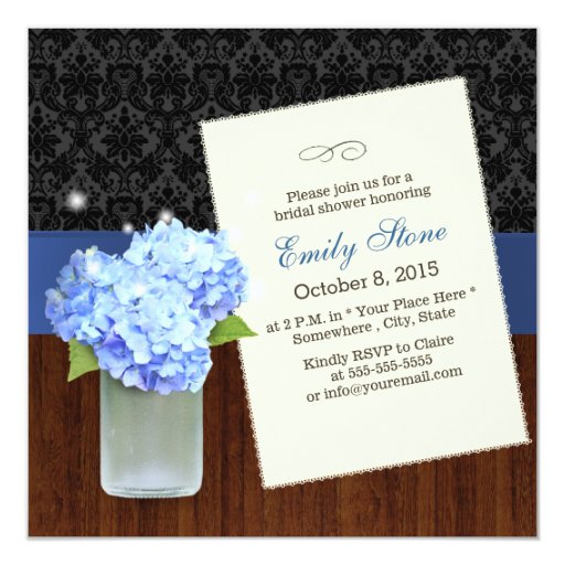 Classy Hydrangea Damask & Wood Bridal Shower 5.25x5.25 Square Paper Invitation Card (front side)